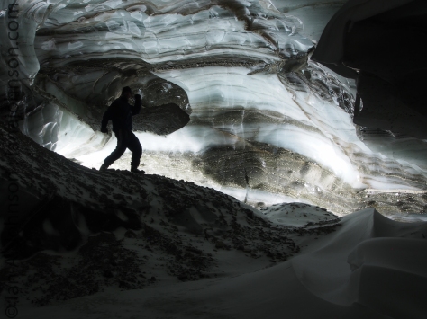 A silhouette of Ross in the eastern ice cave. Look at those layers of ice and soil!!